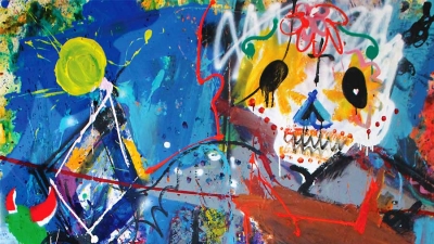 <strong>Žižka v Mexiku</strong>-kombinovaná technika na plátně, <br>200 x 150 cm, 2023<br> <strong>Žižka in Mexico</strong>-mixed media on canvas, <br>200 x 150 cm, 2023