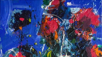<strong>Kytice od Kennedyho</strong>-kombinovaná technika na plátně, <br>100 x 70 cm, 2023<br> <strong>Bouquet from Kennedy</strong>-mixed media on canvas, <br>100 x 70 cm, 2023